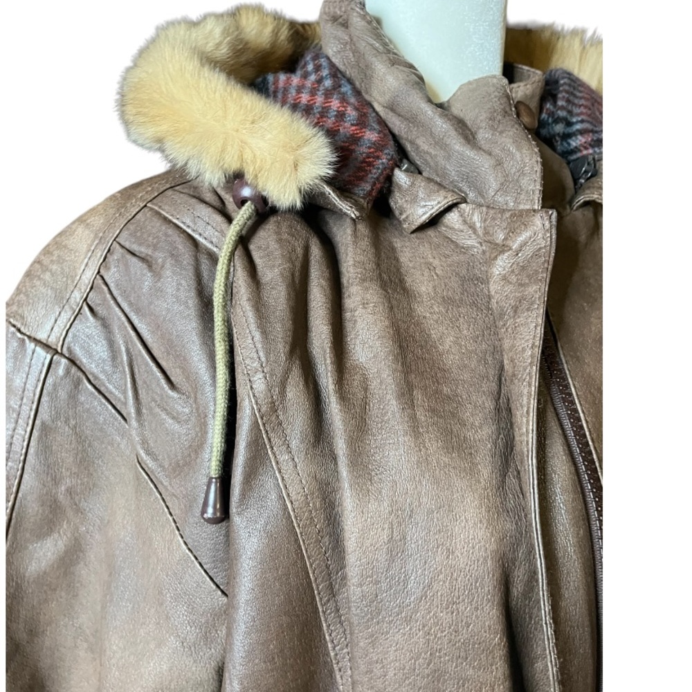 Wild Cats Pelsnoer Denmark Women Brown Leather Plaid Lining Hooded Jacket Coat L - Picture 12 of 16